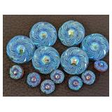 Set of 13 Blue Czech Glass Buttons with Ornate Pattern