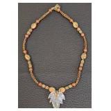 20-Inch Beaded Stone Necklace with Carved Leaf Pendant