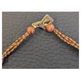 20-Inch Beaded Stone Necklace with Carved Leaf Pendant