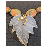 20-Inch Beaded Stone Necklace with Carved Leaf Pendant