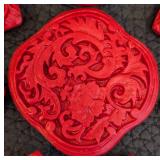 Set of 6 Carved Red Beads - Floral and Symbol Motifs