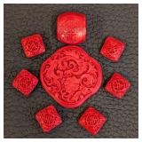 Set of 6 Carved Red Beads - Floral and Symbol Motifs