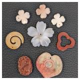 Eight Unique Stone Bead Pendants - Assorted Floral, Heart & Carved Shapes (Largest 2x2)