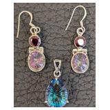 Mystic Topaz Pendant & Earrings Set - Teardrop Rainbow Stones, Silver-Tone