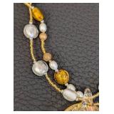 Art Glass Beaded Necklace with Leaf Pendant - 18-Inch Long