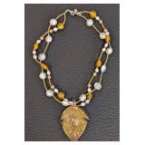 Art Glass Beaded Necklace with Leaf Pendant - 18-Inch Long
