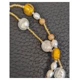 Art Glass Beaded Necklace with Leaf Pendant - 18-Inch Long