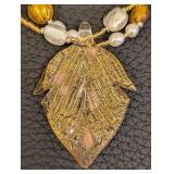 Art Glass Beaded Necklace with Leaf Pendant - 18-Inch Long