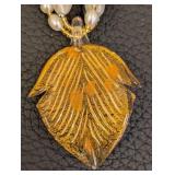 Art Glass Beaded Necklace with Leaf Pendant - 18-Inch Long