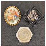 Studio Beads Three Vintage Brooches Set - Painted Oval Scene, Black Geometric Fan & Hexagon