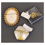 Studio Beads Three Vintage Brooches Set - Painted Oval Scene, Black Geometric Fan & Hexagon