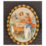 Studio Beads Three Vintage Brooches Set - Painted Oval Scene, Black Geometric Fan & Hexagon