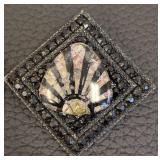 Studio Beads Three Vintage Brooches Set - Painted Oval Scene, Black Geometric Fan & Hexagon