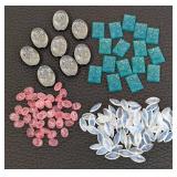 Assorted Vintage Glass Jewels - Coin Cabochons, Teal Squares, Pink Discs, Marquise Shapes