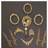 Gold-Tone Brass Jewelry Findings Lot - 4 Openwork Oval Frames, Central Portrait Pendant