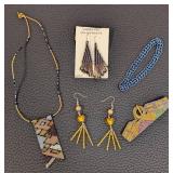 Beaded Jewelry Set - Necklace 16-inch Mosaic Pendant, Bracelets & Earrings