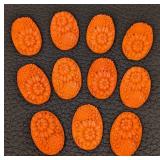 11 Floral Glass Cabochons - Orange Floral Carved Pattern