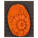 11 Floral Glass Cabochons - Orange Floral Carved Pattern