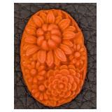 11 Floral Glass Cabochons - Orange Floral Carved Pattern