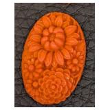 11 Floral Glass Cabochons - Orange Floral Carved Pattern