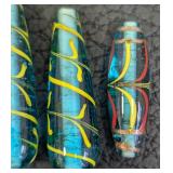 Lampwork Glass Beads Set - Teal Tubes with Neon Yellow Swirls & Rainbow Marbles, 2 inches long