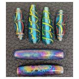 Lampwork Glass Beads Set - Teal Tubes with Neon Yellow Swirls & Rainbow Marbles, 2 inches long