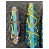 Lampwork Glass Beads Set - Teal Tubes with Neon Yellow Swirls & Rainbow Marbles, 2 inches long