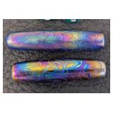 Lampwork Glass Beads Set - Teal Tubes with Neon Yellow Swirls & Rainbow Marbles, 2 inches long