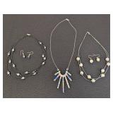 Two Matching Dichroic Glass Necklace & Earring Sets + Rainbow Bar Pendant Necklace