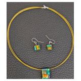 Dicrotic Glass Necklace & Earrings Set - Mosaic Pendants, 18-Inch Long