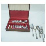 Vintage Flatware and Wooden Storage Box (stainless and larger serving pieces are silver-plate)