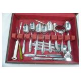 Vintage Flatware and Wooden Storage Box (stainless and larger serving pieces are silver-plate)