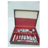 Vintage Flatware and Wooden Storage Box (stainless and larger serving pieces are silver-plate)