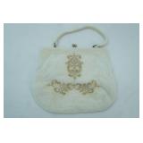 Vintage 1950s Lumured Corde-Beaded Top-Handle Evening Bag w/Gold Floral Embroidery