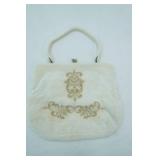Vintage 1950s Lumured Corde-Beaded Top-Handle Evening Bag w/Gold Floral Embroidery