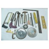 Hand Tools Lot: pry bars, nippers, hack saw, sheetrock knife, file, saw blades, level, measuring square