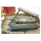 Garage Items: Gas Cans, Variety of Grease Guns