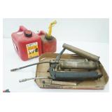 Garage Items: Gas Cans, Variety of Grease Guns