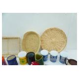Wicker Baskets-Serving/Organizing, Cheese Cutting Board, Vintage Poly Coffee Mugs, Collection of Can Koozies-Largemouth Bass Koozie