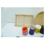 Wicker Baskets-Serving/Organizing, Cheese Cutting Board, Vintage Poly Coffee Mugs, Collection of Can Koozies-Largemouth Bass Koozie