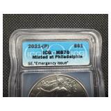 2021-P Heraldic Eagle Type 1 1 Oz. Silver American Eagle ICG MS70 Emergency Issue -  Perfect Grade!