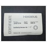 Heraeus Ten Ounce .999 Silver Bar with COA
