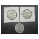 Three 40% Silver Kennedy Half Dollars 1967, 1968, 1969