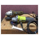 (2) RYOBI + SHOPSERIES 4 1/2" Electric Angle Grinders - Good