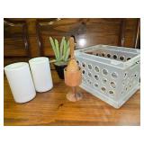 Small Plastic Bin, 2 Battery Operated Candles, Fake Succulent, Wood Bowl with Crusher