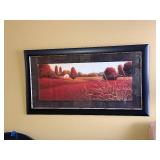 Framed Landscape Wall Art - Rural Red Field Scene with House, Black Frame