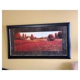 Framed Landscape Wall Art - Rural Red Field Scene with House, Black Frame