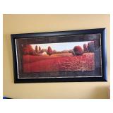 Framed Landscape Wall Art - Rural Red Field Scene with House, Black Frame
