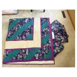 Floral Quilt Bedspread, Table Cloth, and Pillow - Teal Green, Purple & Cream