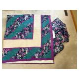 Floral Quilt Bedspread, Table Cloth, and Pillow - Teal Green, Purple & Cream